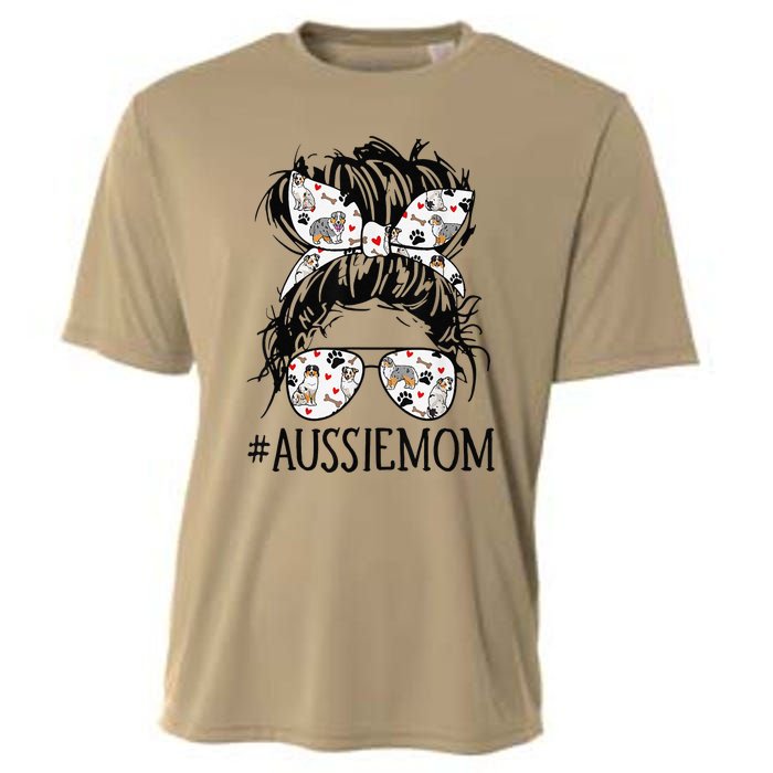 Messy Bun Mom Aussie Mom Glasses Mothers Day Dog Lovers Gift Cooling Performance Crew T-Shirt