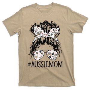 Messy Bun Mom Aussie Mom Glasses Mothers Day Dog Lovers Gift T-Shirt