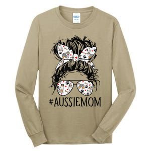 Messy Bun Mom Aussie Mom Glasses Mothers Day Dog Lovers Gift Tall Long Sleeve T-Shirt