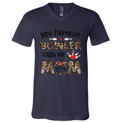 Messy Bun My Favorite Bowler Calls Me Mom Bowling Mother Day V-Neck T-Shirt