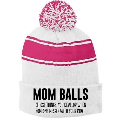 Mom Balls Stripe Pom Pom Beanie