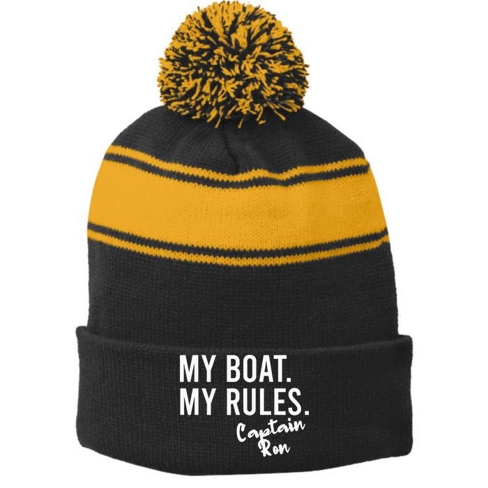 My Boat My Rules Captain Ron Personalized Boating Name Stripe Pom Pom Beanie