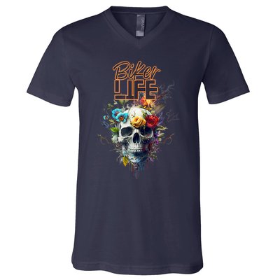 Motorcyclist Biker Motorcycle Skull Design V-Neck T-Shirt