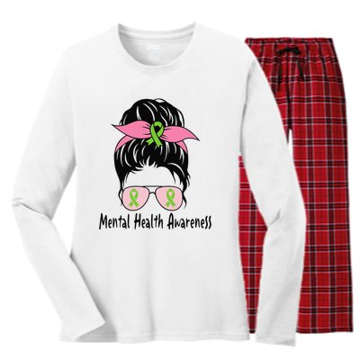 Messy Bun Mental Health Matters Gift Mental Health Awareness Women's Long Sleeve Flannel Pajama Set 