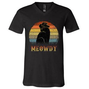 Mashup Between Meow And Howdy Black Cat V-Neck T-Shirt