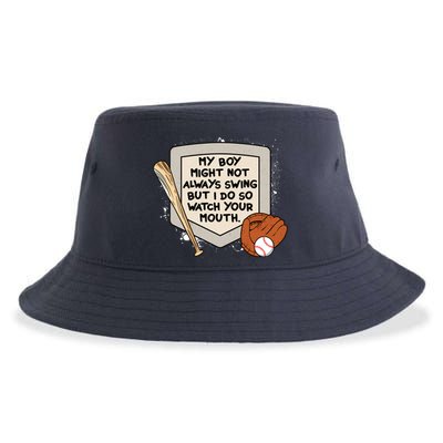My Boy Might Not Always Swing But I Do Baseball Parent Sustainable Bucket Hat