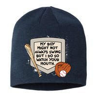 My Boy Might Not Always Swing But I Do Baseball Parent Sustainable Beanie