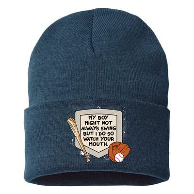 My Boy Might Not Always Swing But I Do Baseball Parent Sustainable Knit Beanie