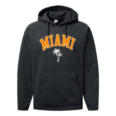 Miami Beach Mia Florida Palm Trees Usa College Font Performance Fleece Hoodie