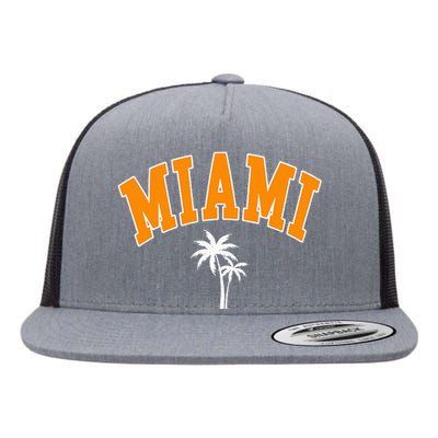 Miami Beach Mia Florida Palm Trees Usa College Font Flat Bill Trucker Hat