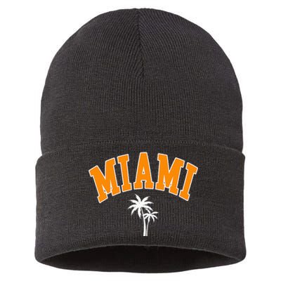 Miami Beach Mia Florida Palm Trees Usa College Font Sustainable Knit Beanie