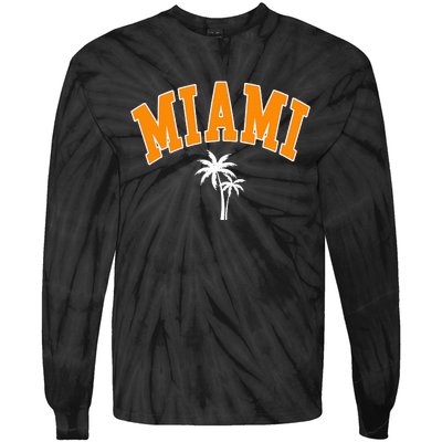 Miami Beach Mia Florida Palm Trees Usa College Font Tie-Dye Long Sleeve Shirt