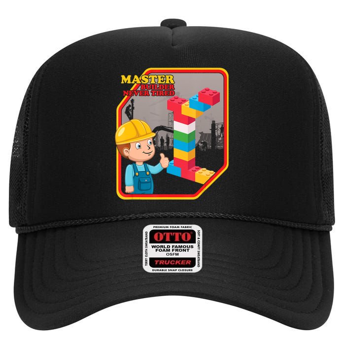 Master Builder Never Tired Construction Building Blocks Toy High Crown Mesh Back Trucker Hat