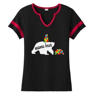 Mama Bear Of Two Warriors Autism Awareness Gift Ladies Halftime Notch Neck Tee