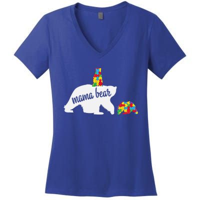 Mama Bear Of Two Warriors Autism Awareness Gift Women's V-Neck T-Shirt