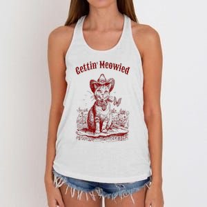 Meowdy Bachelorette Party Cowgirl Cowboy Cat Bridal Squad Women's Knotted Racerback Tank