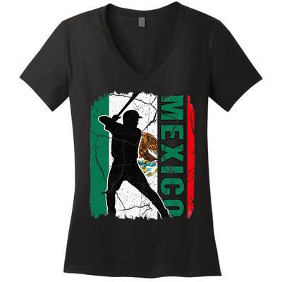 Mexican Baseball Player Mexico Flag Baseball Fans Women's V-Neck T-Shirt