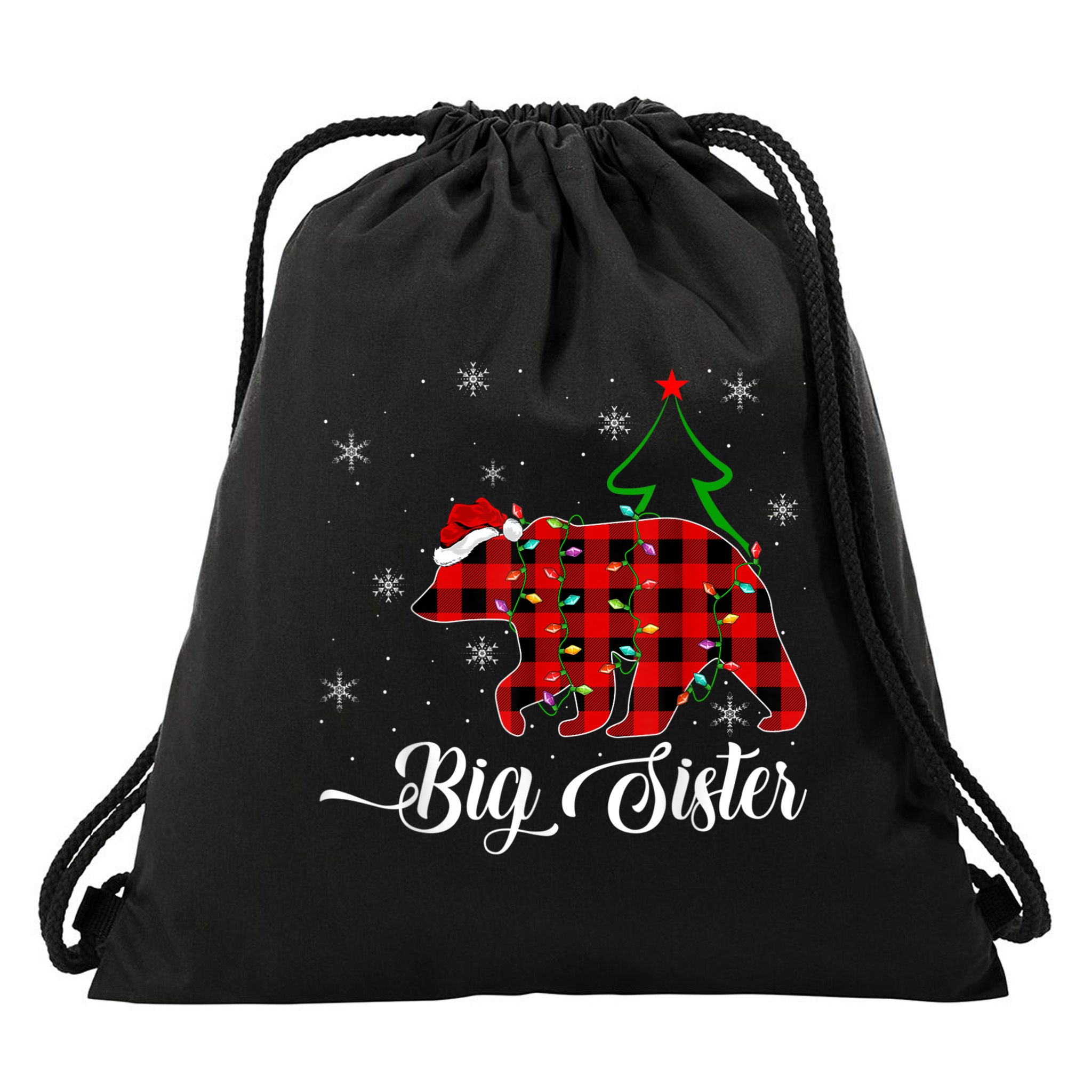 Matching Buffalo Plaid Christmas BigSister Bear Pajama Drawstring Bag