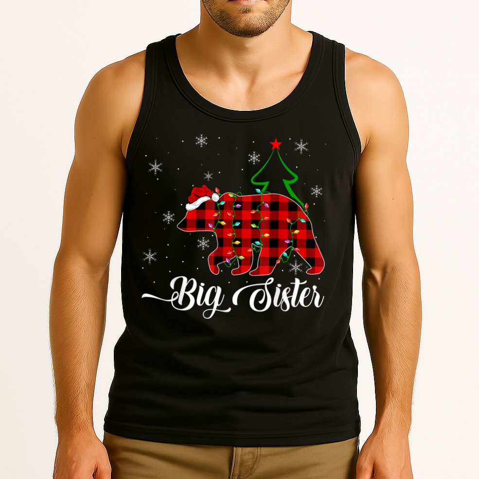Matching Buffalo Plaid Christmas BigSister Bear Pajama Tank Top