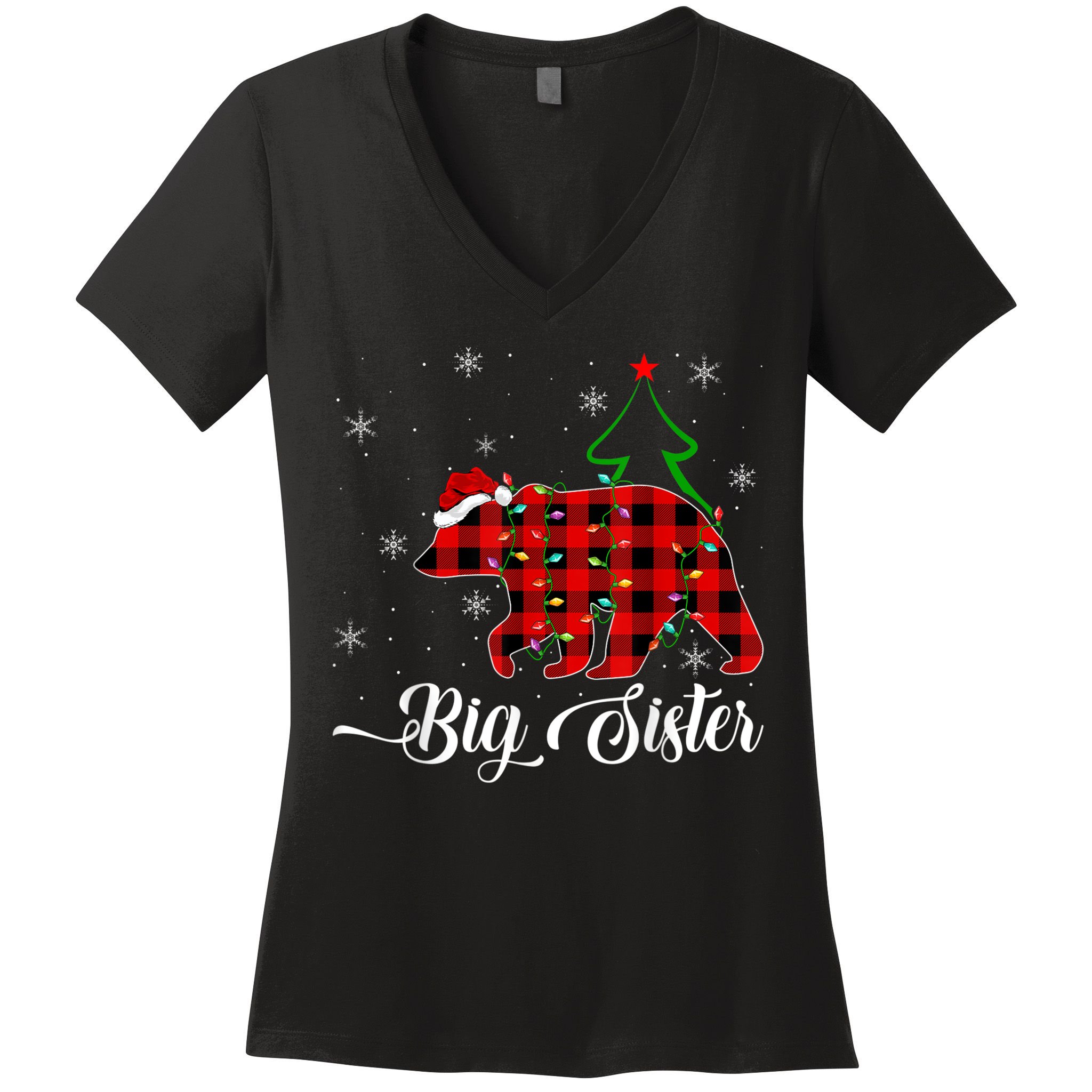 Matching Buffalo Plaid Christmas BigSister Bear Pajama Women's V-Neck T-Shirt
