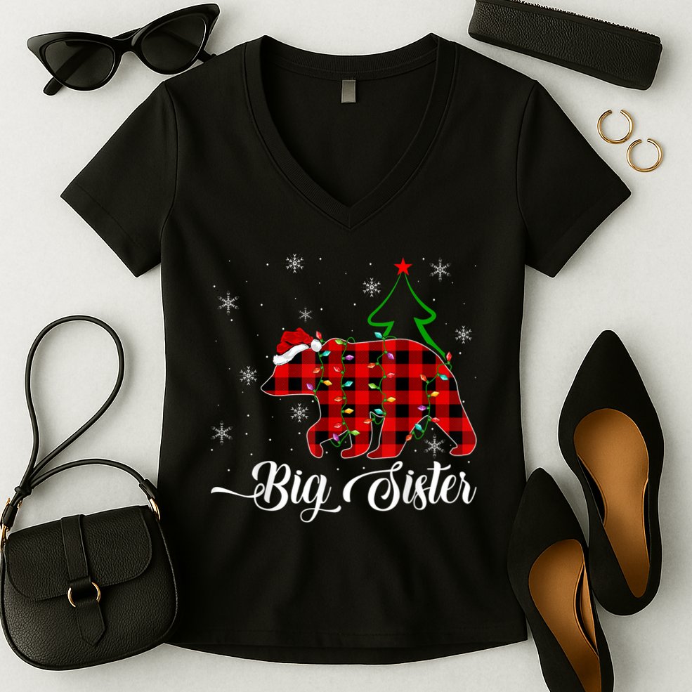 Matching Buffalo Plaid Christmas BigSister Bear Pajama Women's V-Neck T-Shirt