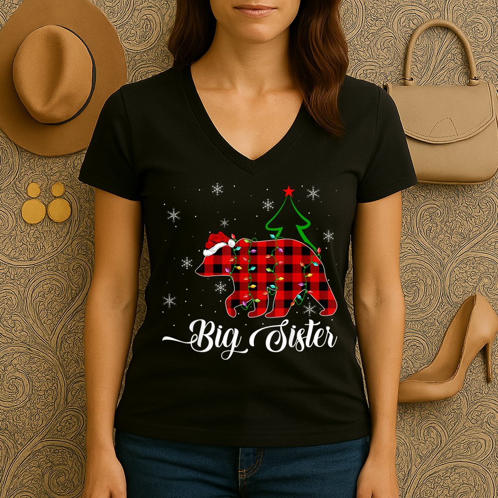 Matching Buffalo Plaid Christmas BigSister Bear Pajama Women's V-Neck T-Shirt