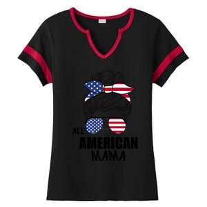 Messy Bun Patriotic Outfit All American Mama 4th Of July Gift Ladies Halftime Notch Neck Tee