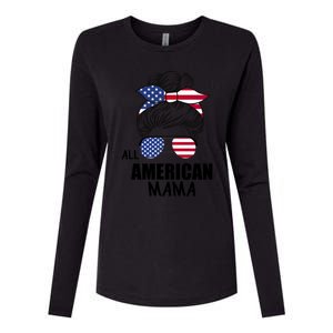 Messy Bun Patriotic Outfit All American Mama 4th Of July Gift Womens Cotton Relaxed Long Sleeve T-Shirt