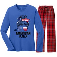 Messy Bun Patriotic Outfit All American Mama 4th Of July Gift Women's Long Sleeve Flannel Pajama Set 