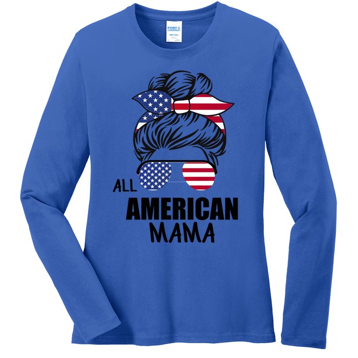 Messy Bun Patriotic Outfit All American Mama 4th Of July Gift Ladies Long Sleeve Shirt