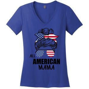 Messy Bun Patriotic Outfit All American Mama 4th Of July Gift Women's V-Neck T-Shirt