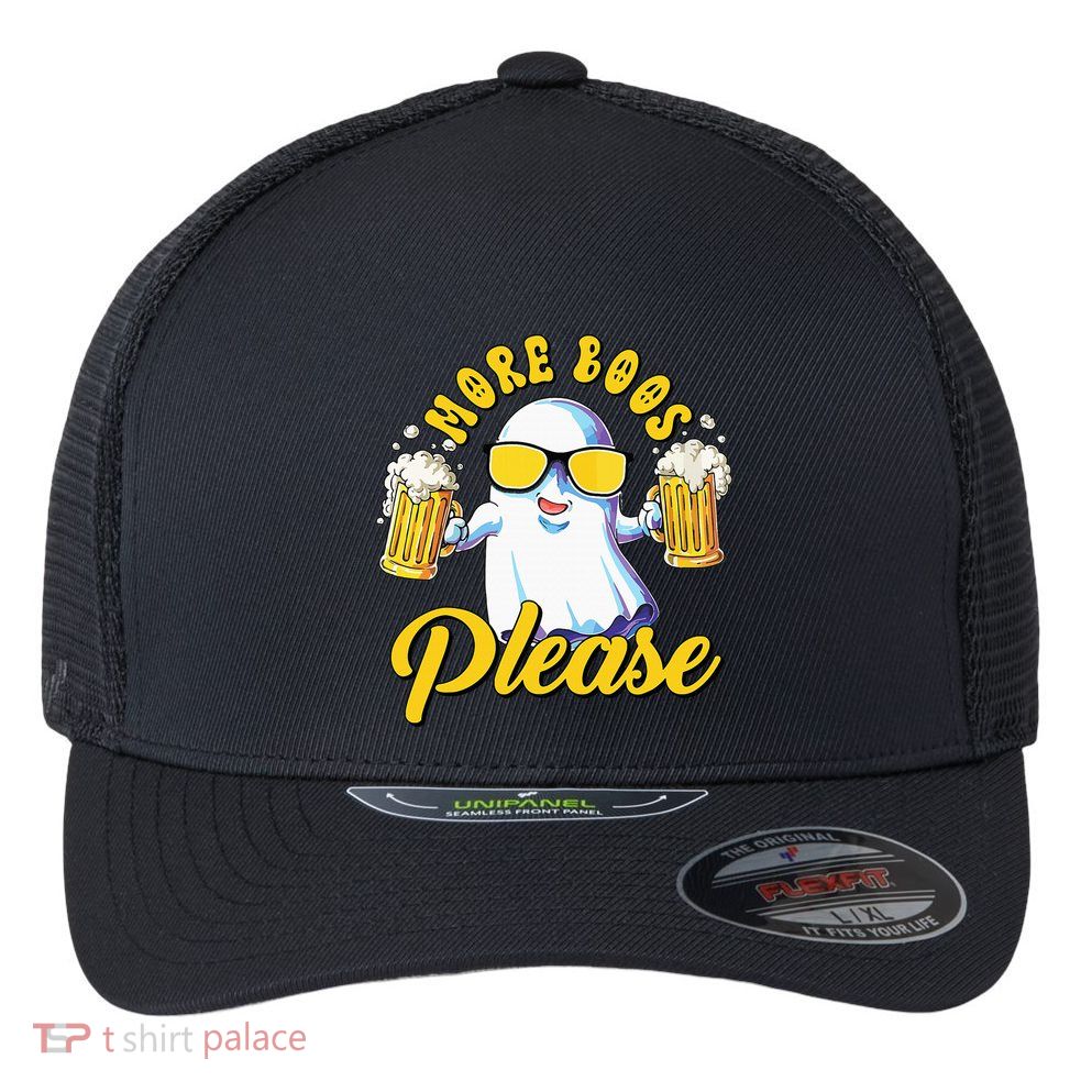 More Boos Please Ghost Beer Retro Halloween Drinking Flexfit Unipanel Trucker Cap