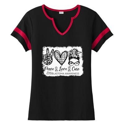 Messy Bun Peace Love Cure Gray Ribbon Glioblastoma Awareness Ladies Halftime Notch Neck Tee