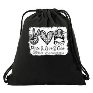 Messy Bun Peace Love Cure Gray Ribbon Glioblastoma Awareness Drawstring Bag