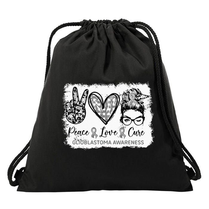 Messy Bun Peace Love Cure Gray Ribbon Glioblastoma Awareness Drawstring Bag