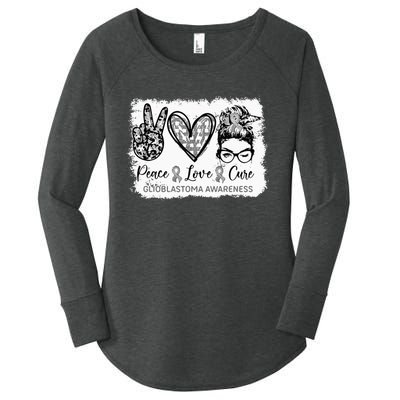 Messy Bun Peace Love Cure Gray Ribbon Glioblastoma Awareness Women's Perfect Tri Tunic Long Sleeve Shirt