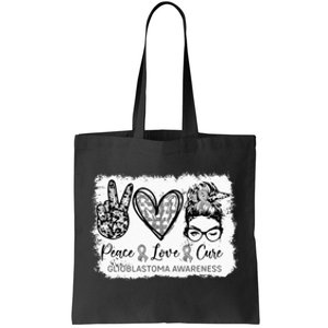 Messy Bun Peace Love Cure Gray Ribbon Glioblastoma Awareness Tote Bag