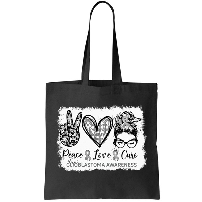 Messy Bun Peace Love Cure Gray Ribbon Glioblastoma Awareness Tote Bag