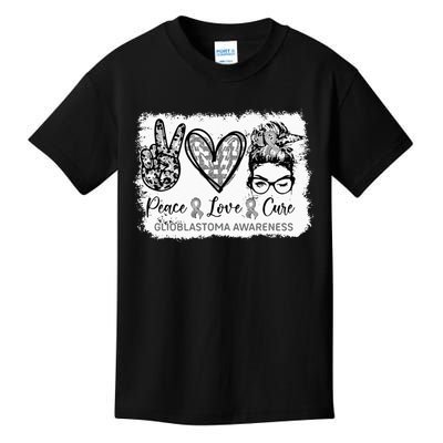 Messy Bun Peace Love Cure Gray Ribbon Glioblastoma Awareness Kids T-Shirt