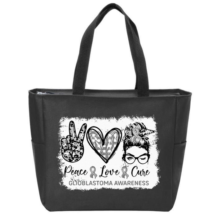 Messy Bun Peace Love Cure Gray Ribbon Glioblastoma Awareness Zip Tote Bag