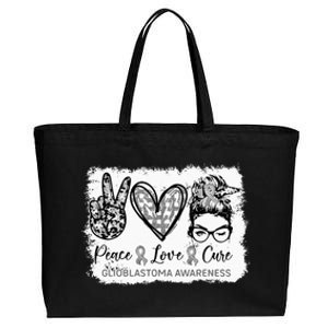 Messy Bun Peace Love Cure Gray Ribbon Glioblastoma Awareness Cotton Canvas Jumbo Tote