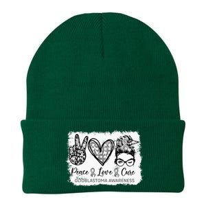 Messy Bun Peace Love Cure Gray Ribbon Glioblastoma Awareness Knit Cap Winter Beanie