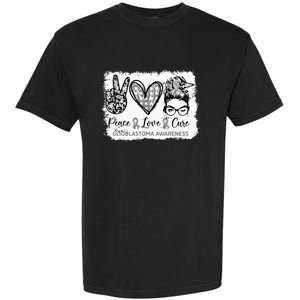 Messy Bun Peace Love Cure Gray Ribbon Glioblastoma Awareness Garment-Dyed Heavyweight T-Shirt