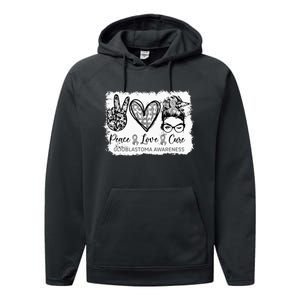 Messy Bun Peace Love Cure Gray Ribbon Glioblastoma Awareness Performance Fleece Hoodie