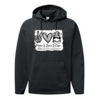 Messy Bun Peace Love Cure Gray Ribbon Glioblastoma Awareness Performance Fleece Hoodie