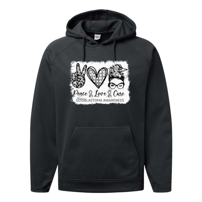 Messy Bun Peace Love Cure Gray Ribbon Glioblastoma Awareness Performance Fleece Hoodie