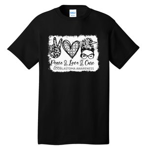 Messy Bun Peace Love Cure Gray Ribbon Glioblastoma Awareness Tall T-Shirt