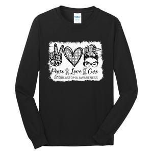 Messy Bun Peace Love Cure Gray Ribbon Glioblastoma Awareness Tall Long Sleeve T-Shirt