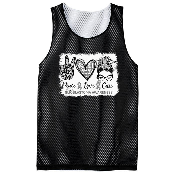 Messy Bun Peace Love Cure Gray Ribbon Glioblastoma Awareness Mesh Reversible Basketball Jersey Tank