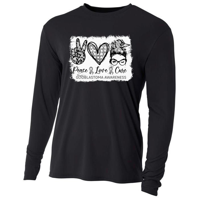 Messy Bun Peace Love Cure Gray Ribbon Glioblastoma Awareness Cooling Performance Long Sleeve Crew